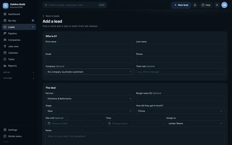 Adding a new lead in PixelCRM