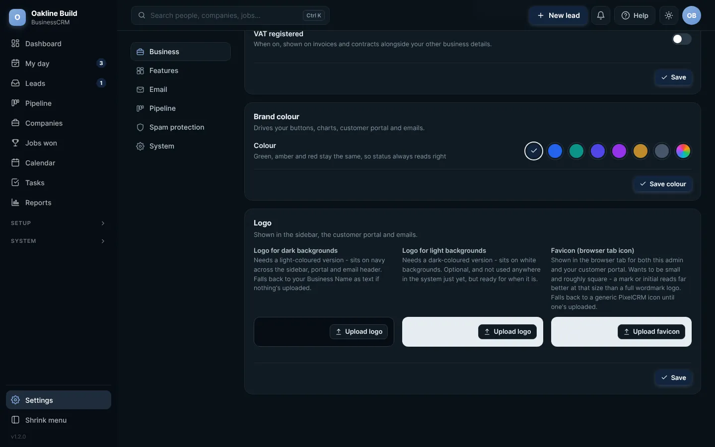 Settings: Brand colour and Logo