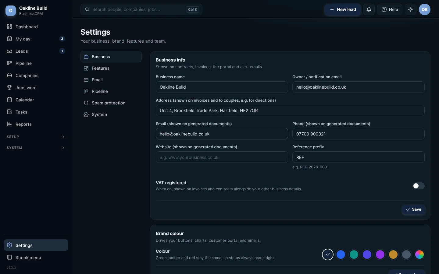 Settings, open at Business