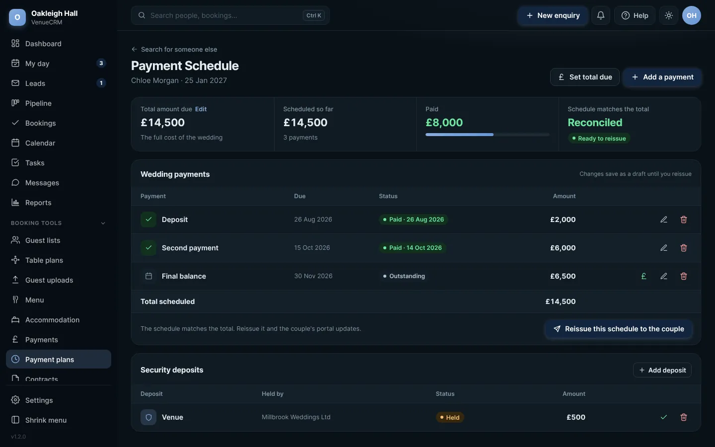 A booking's payment schedule